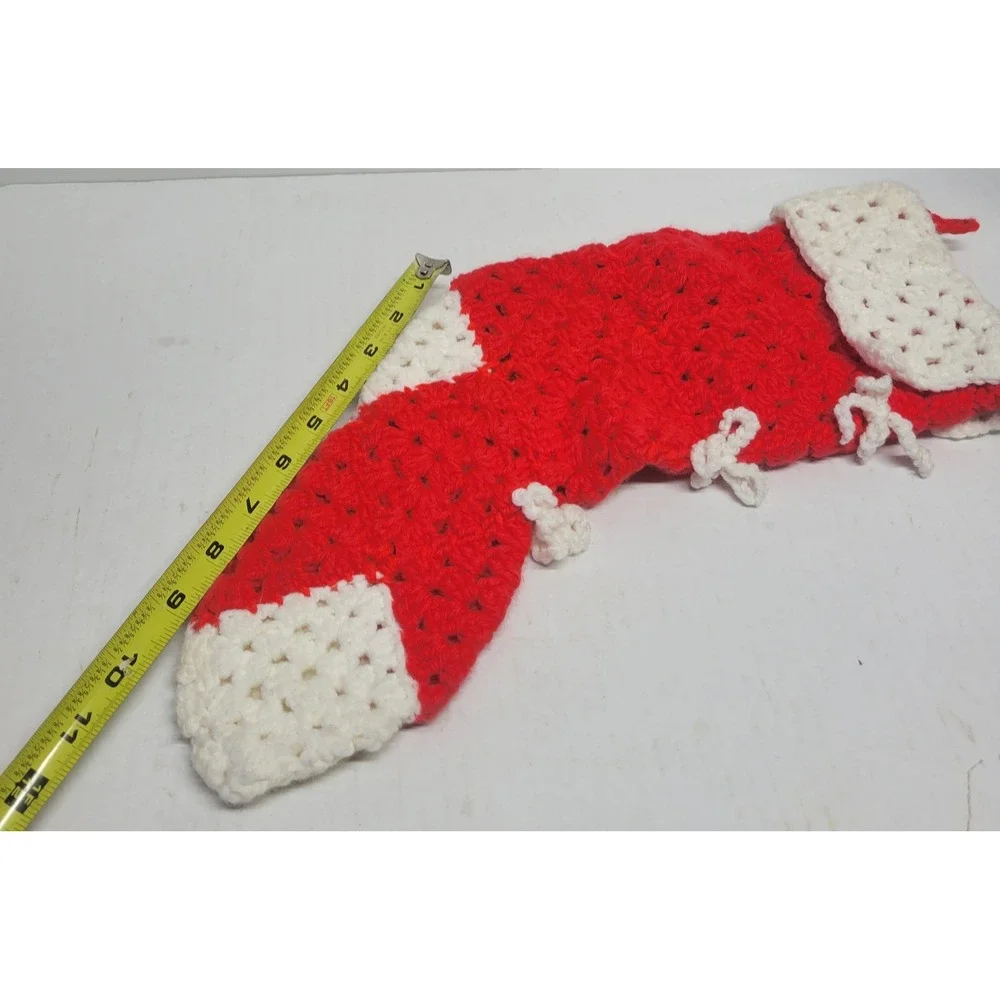 Vintage Handmade Crochet Christmas Stocking Red White Bows Holiday Decor‎ 14.5in
